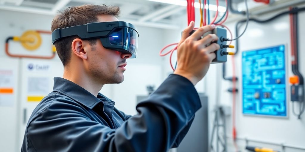 Technician using AR glasses in electrical safety training.
