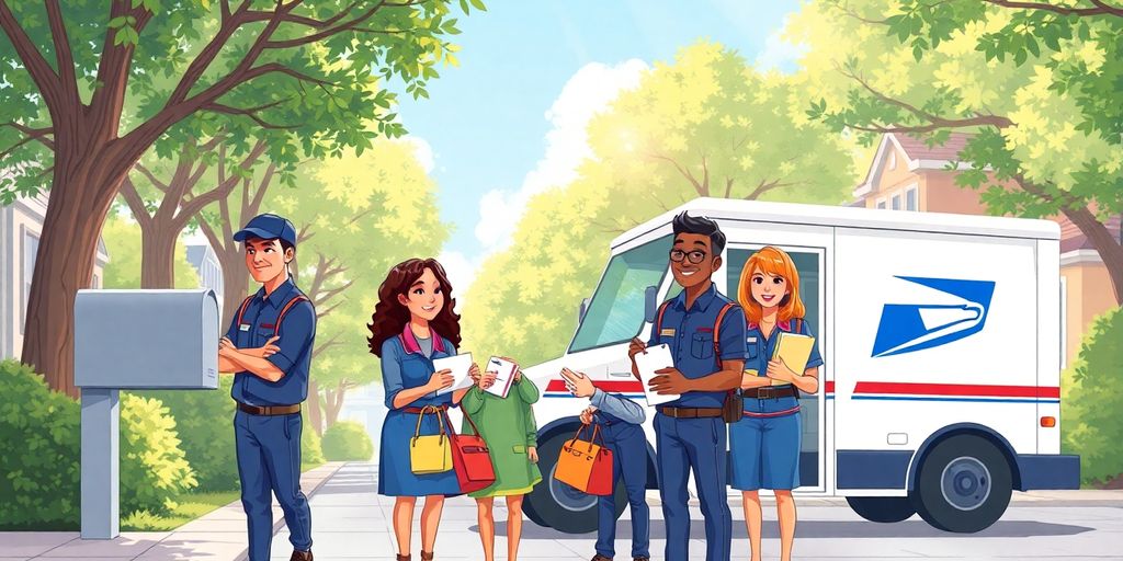 USPS mail carriers delivering letters and packages on sunny street