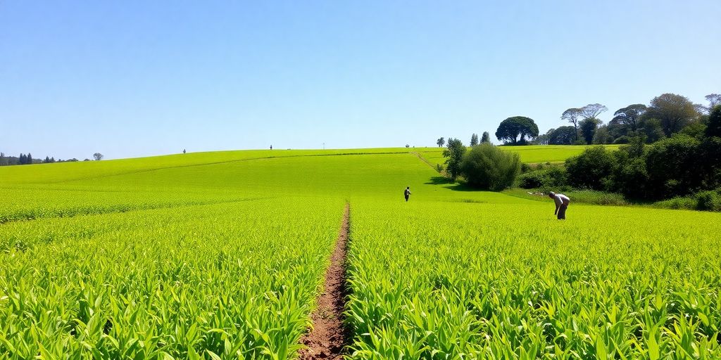 Champ agricole avec des agriculteurs au travail.
