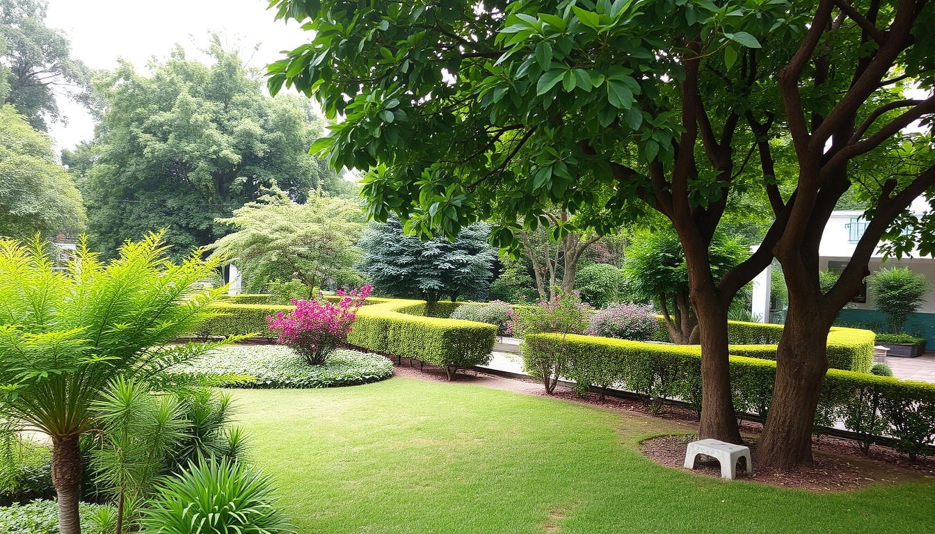 A beautiful garden with healthy trees in the background.