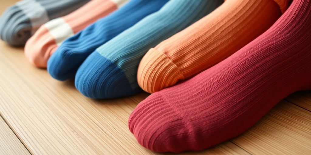 Colorful cotton diabetic socks on a wooden surface.