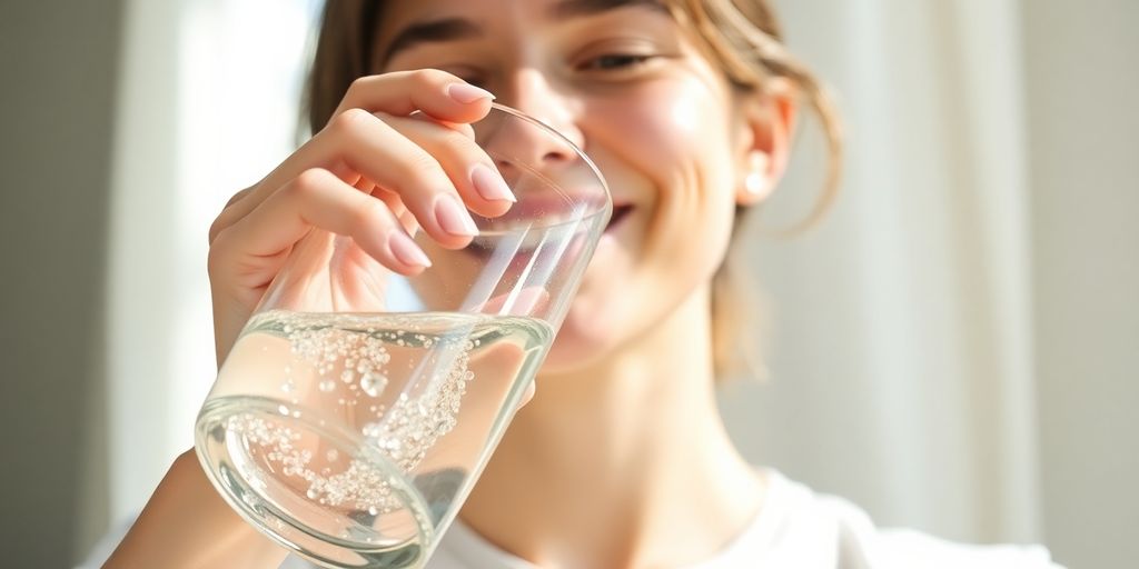 Person drinking water from a glass.