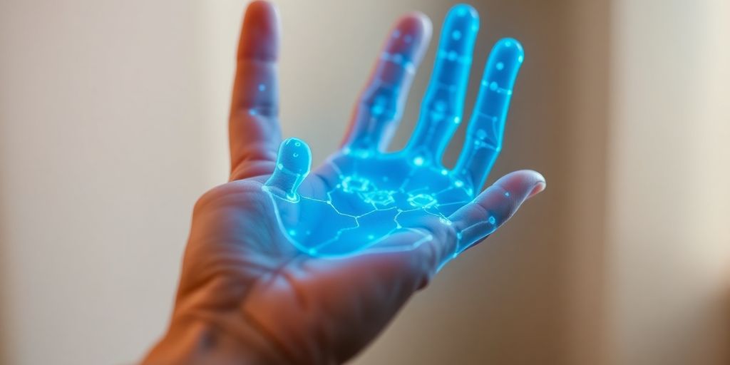 Human hand touching glowing AI hand.
