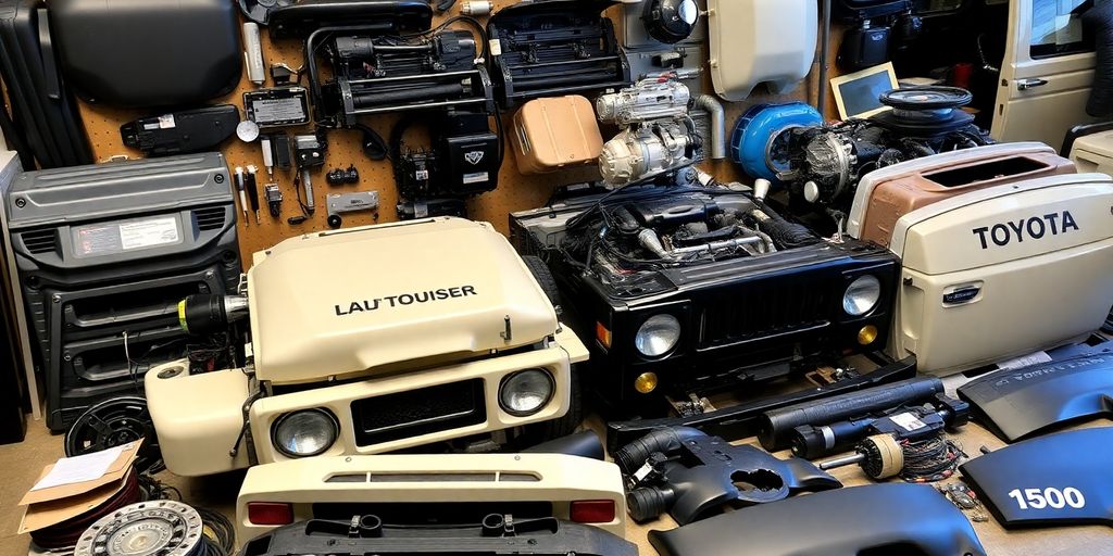 Genuine Toyota Land Cruiser parts laid out.