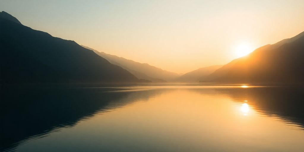 Serene lake at sunrise with mountains in background.
