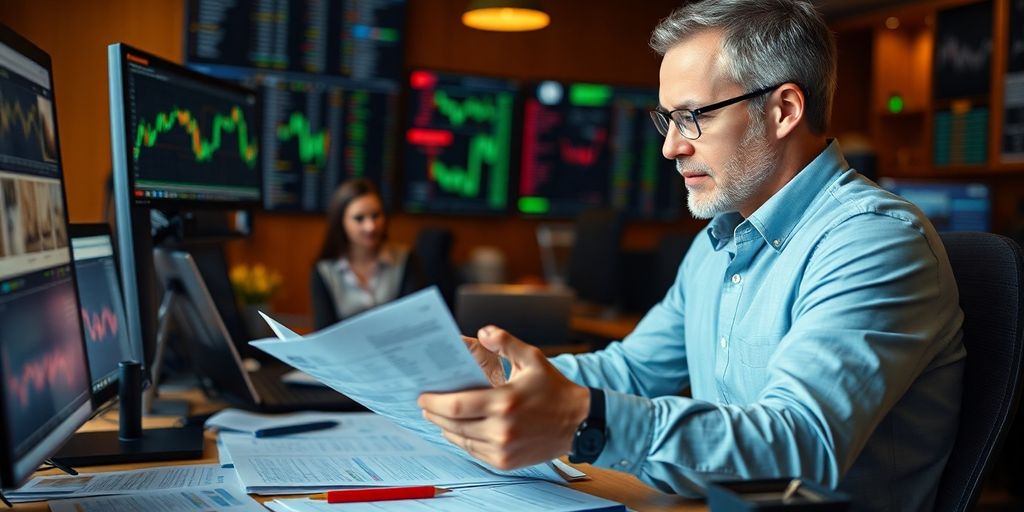 Trader examining options trading strategies in financial workspace.