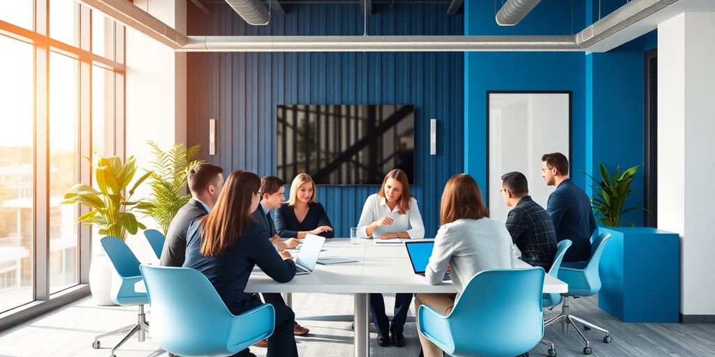 5 Vorteile eines Werkvertrags für Unternehmen Professionelles Büro mit Teammeeting und blauen Akzenten.