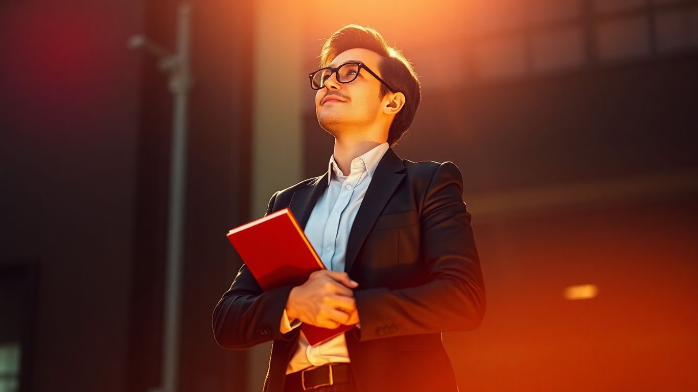 Confident professional holding a book, looking towards a bright future.