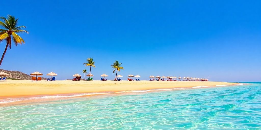 Colorful Cabo San Lucas beach, bright sun, warm sand.