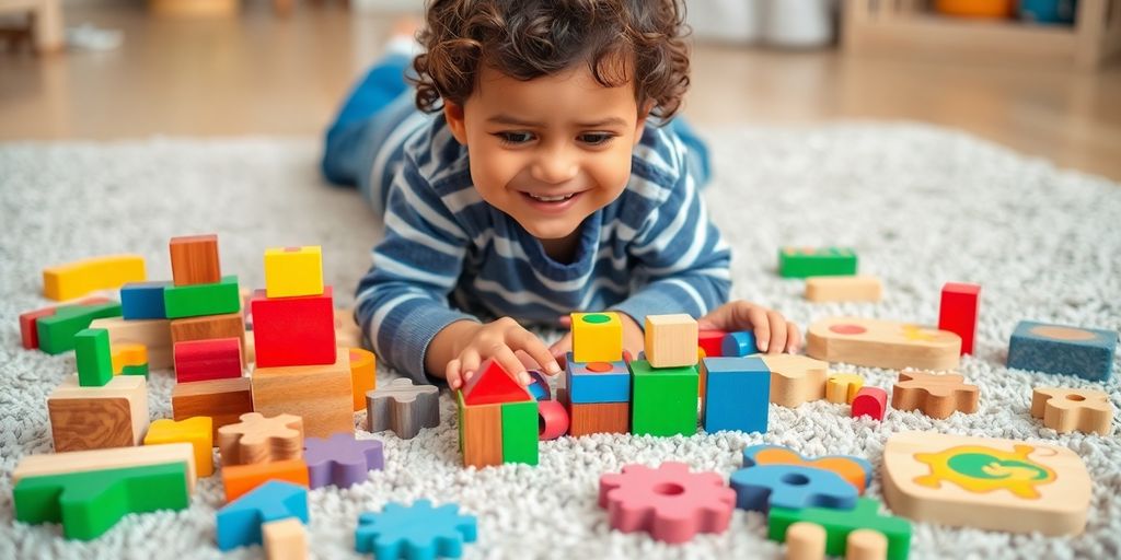Child playing with colorful wooden building blocks.