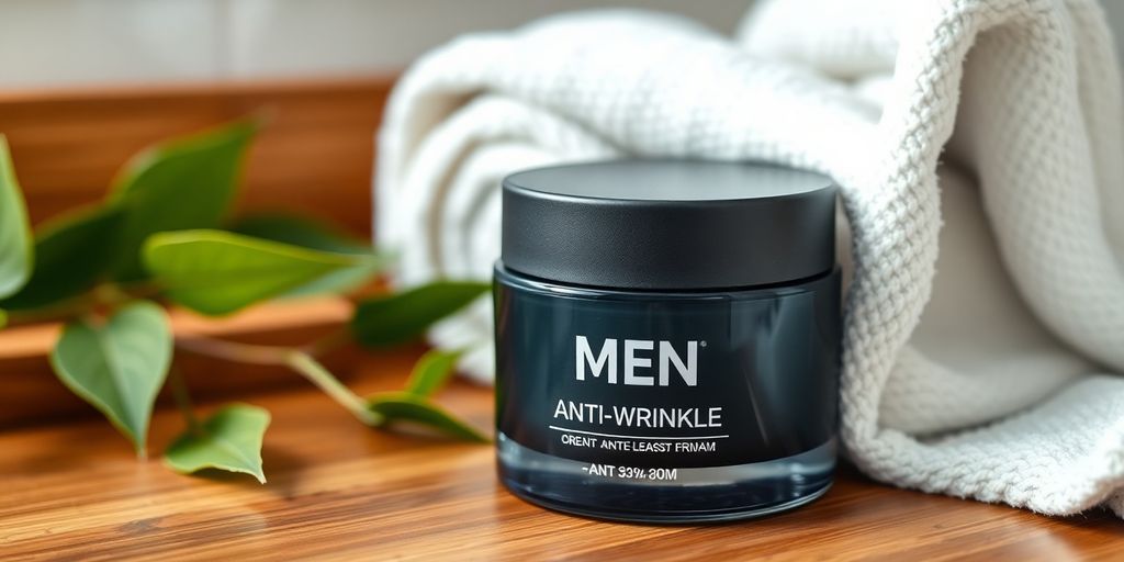 Men's anti-wrinkle cream jar on a bathroom countertop.