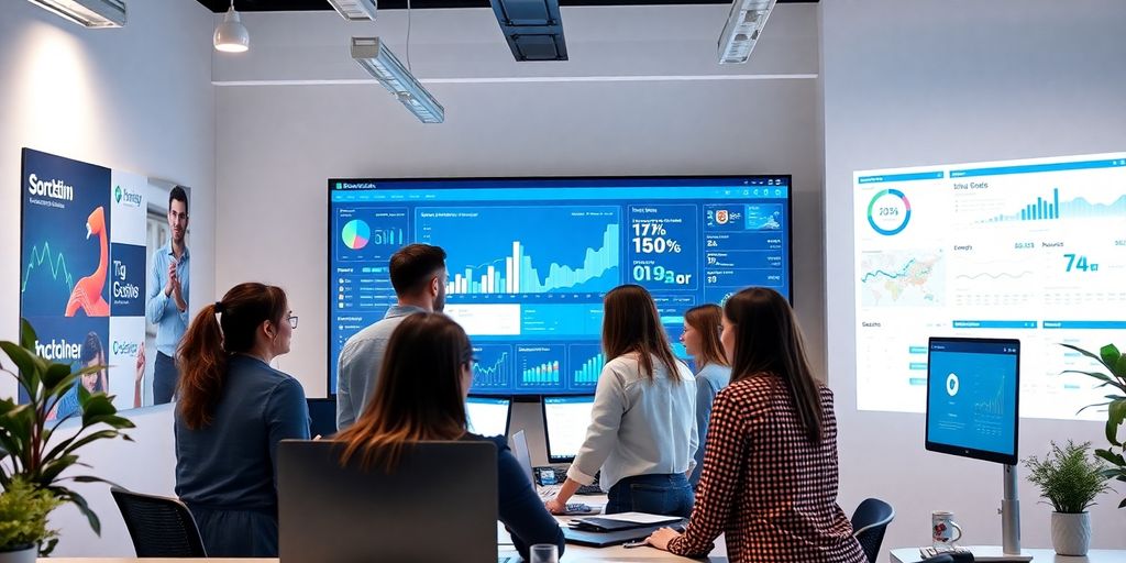 Profissionais de marketing digital em ambiente de escritório moderno.