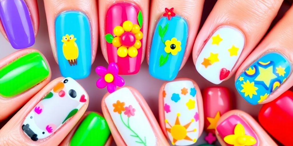 Unhas decoradas infantis com designs divertidos e coloridos.