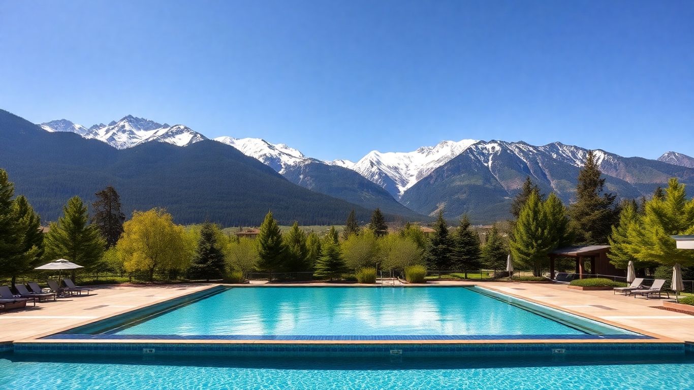 Luxury mountain resort pool with snowy peaks backdrop