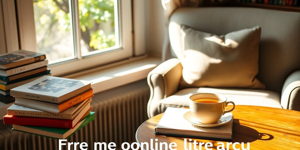 Cozy reading nook with books and tea on a table.