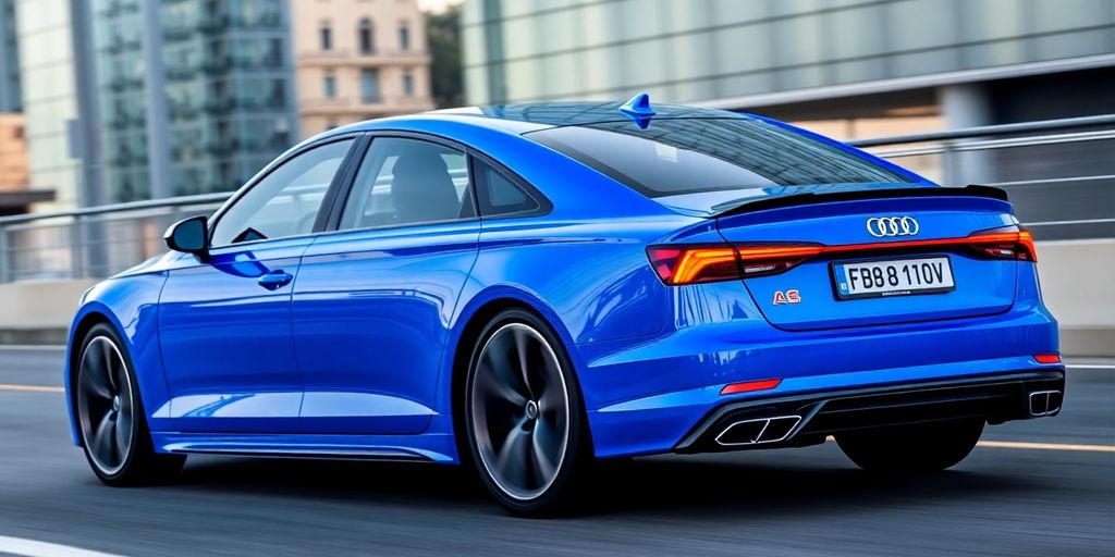 Electric blue Audi A6 E-Tron driving on a road.