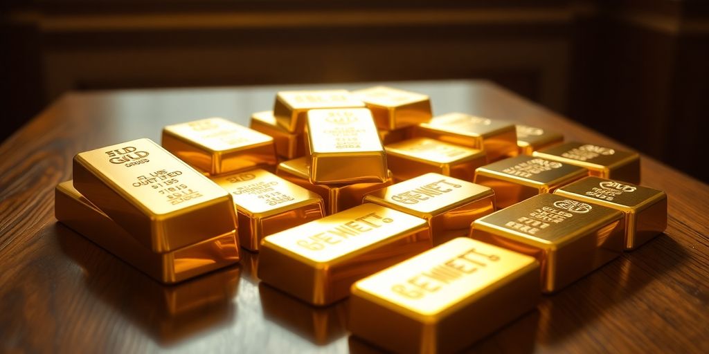 Lingots d'or brillants sur une table en bois.