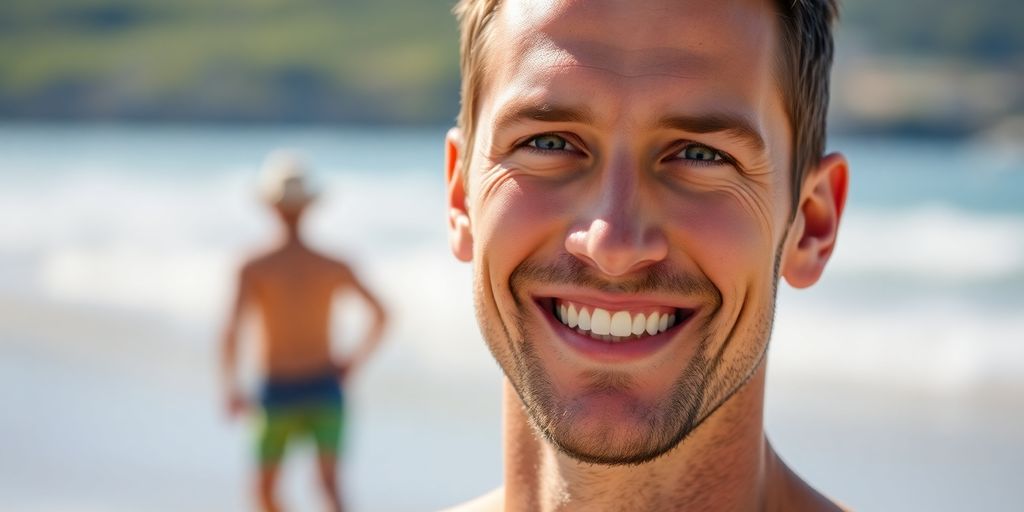 Aussie bloke, healthy and fit, beach background.