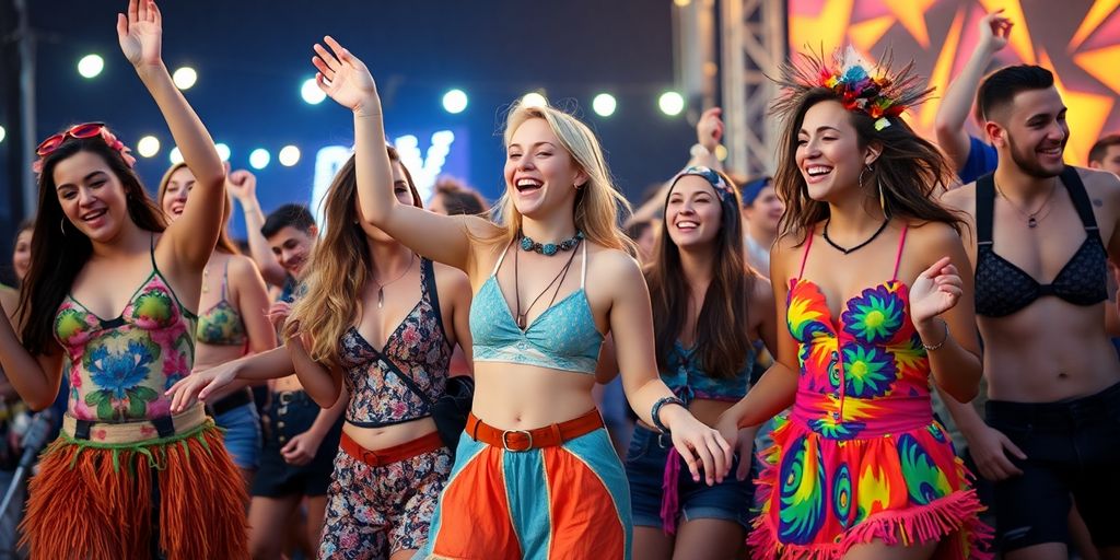 Festival-goers in vibrant, trendy ASOS outfits, dancing at a music festival.