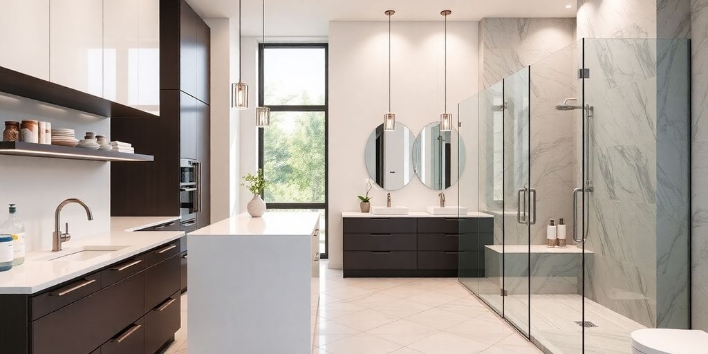 Modern kitchen and bathroom with sleek designs and fixtures.