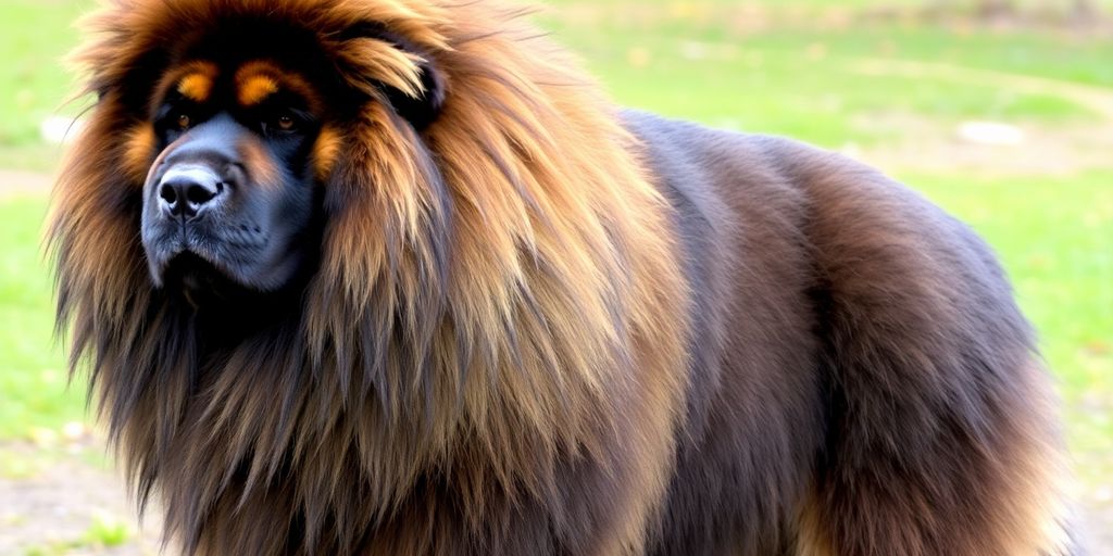 Majestic Tibetan Mastiff with thick mane outdoors.