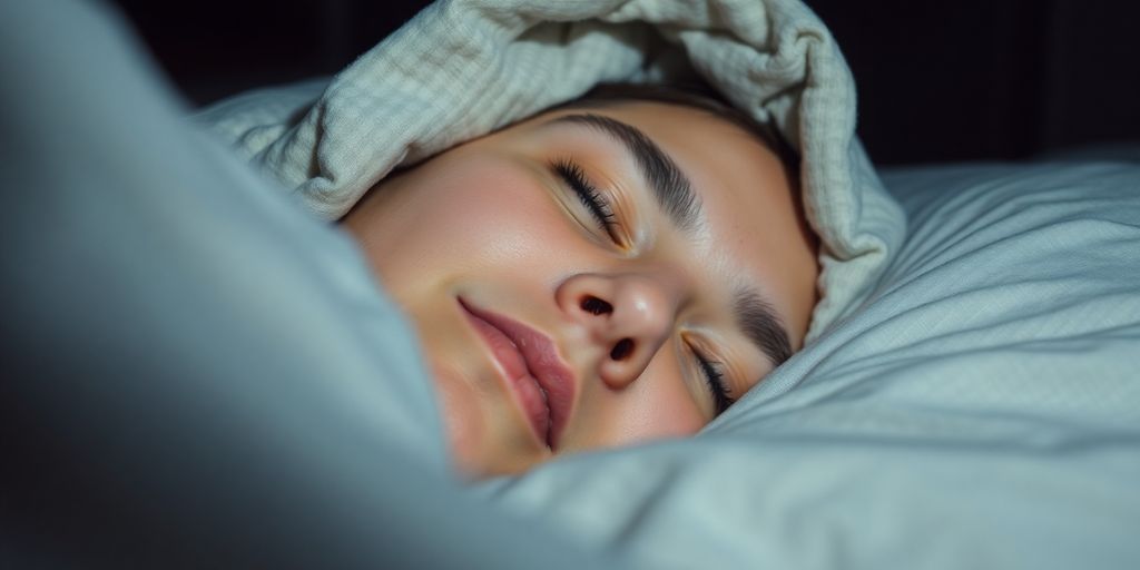 A person peacefully sleeping in bed at night.