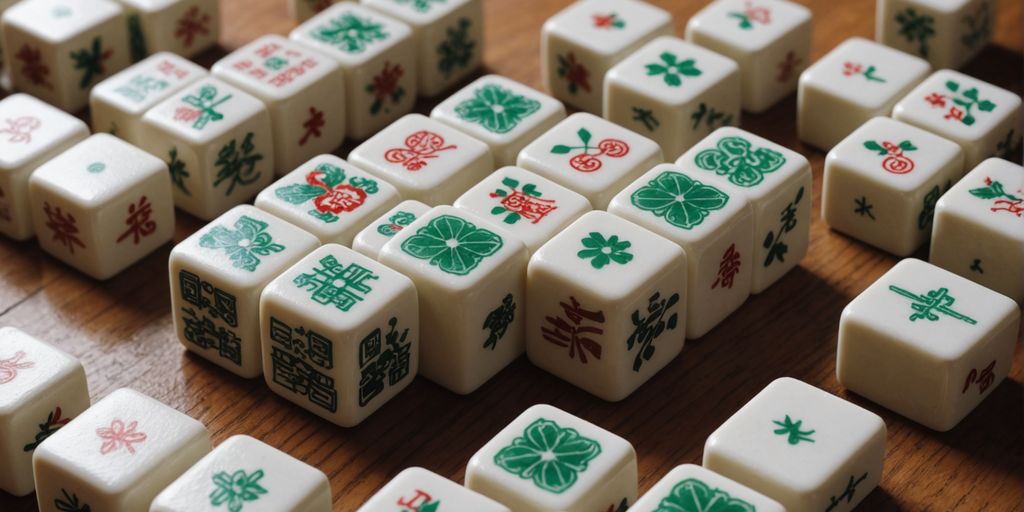 Mahjong tiles of different sizes on a wooden table