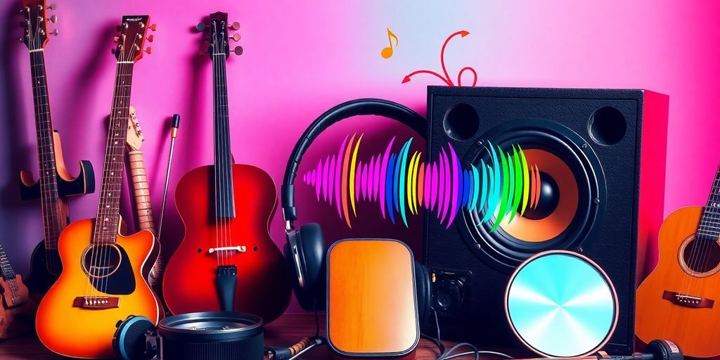 Musical instruments and headphones with abstract sound waves.