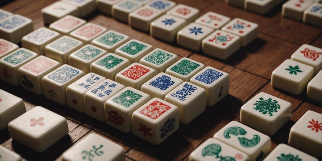 Standard Mahjong set with various tiles, including suits and special tiles, neatly arranged for easy identification.