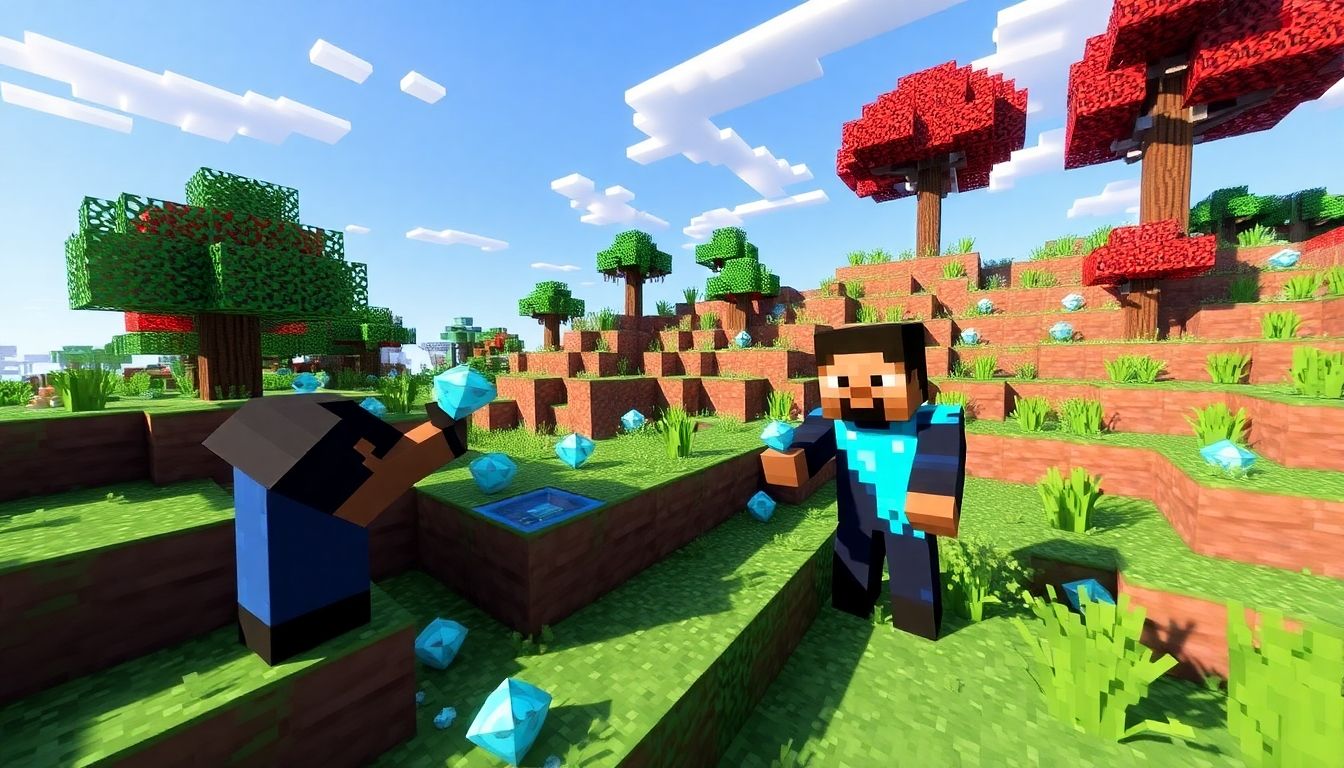 Minecraft character mining diamonds in a colorful landscape.