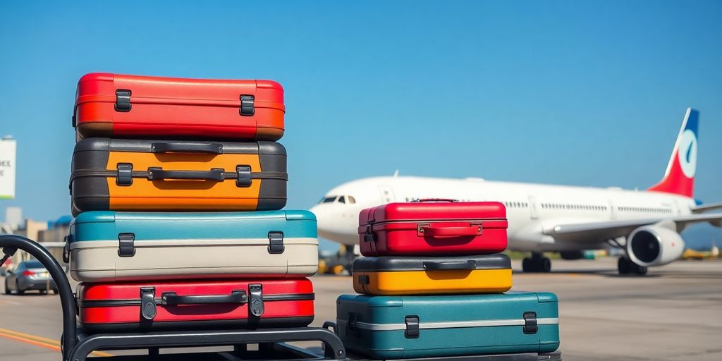 Suitcases by an airplane.