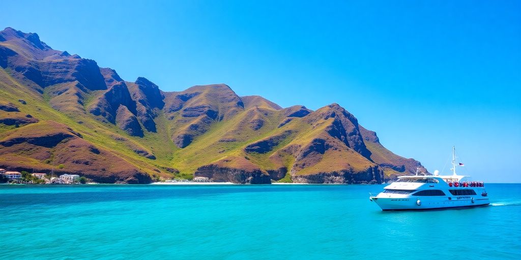 Scenic Komodo Island with turquoise waters and lush hills.