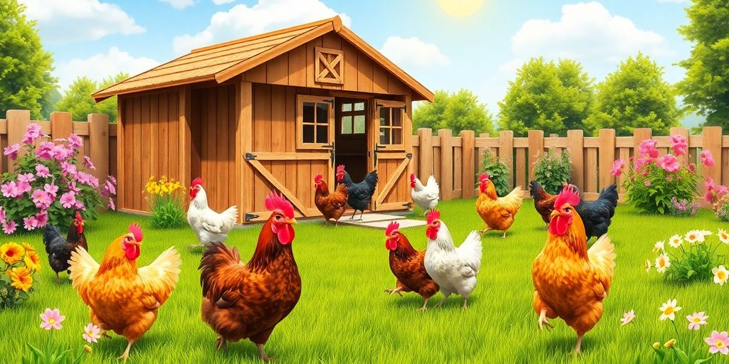 Colorful chickens in a sunny backyard chicken coop.