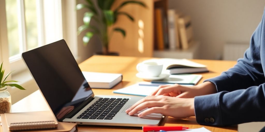 Person typing on a laptop in a cozy workspace.