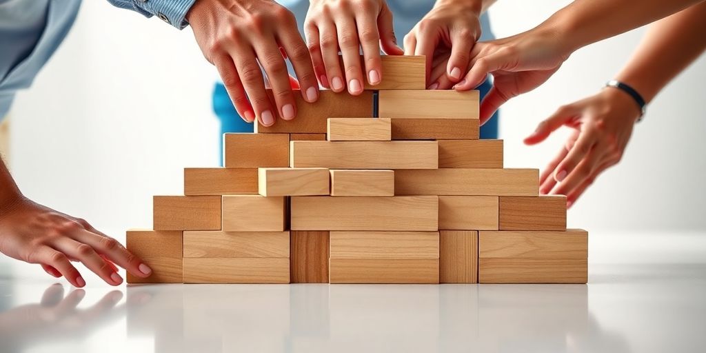 Diverse hands building a stable foundation with wooden blocks.