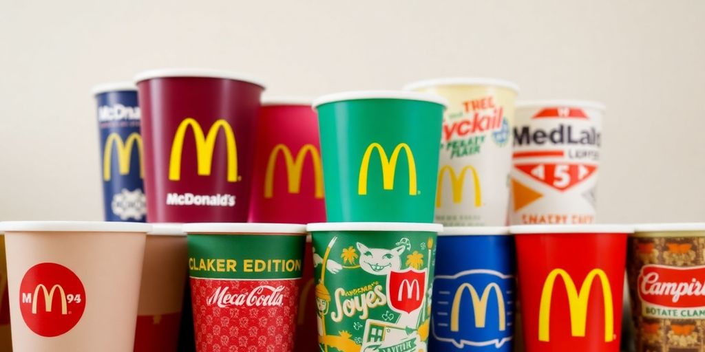 Colorful McDonald's collectors cups in a neat arrangement.