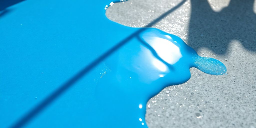 Blue liquid anti-leak coating applied to concrete.