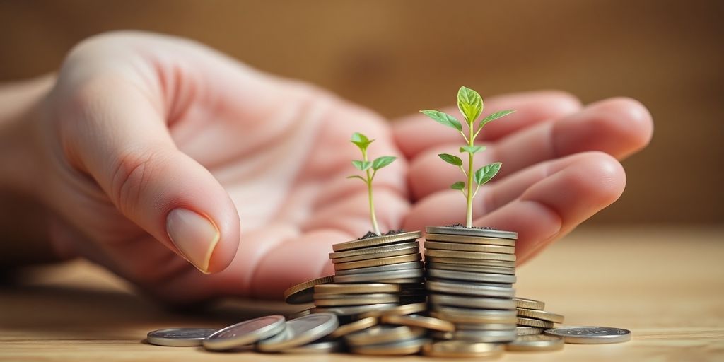 Hand holding plant growing from coins.