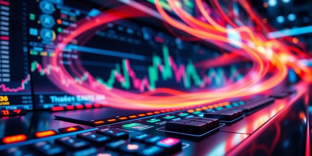 Automated trading bot interface with glowing digital elements.