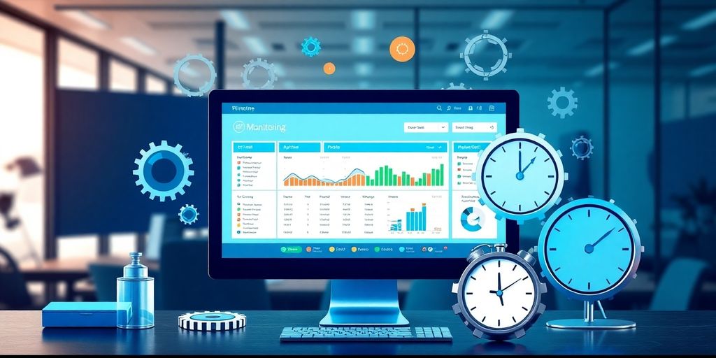 Computer screen with website monitoring dashboard in office.