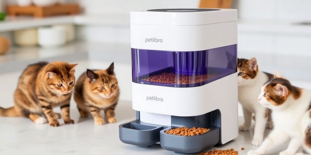 Automatic pet feeder with cats waiting for food.