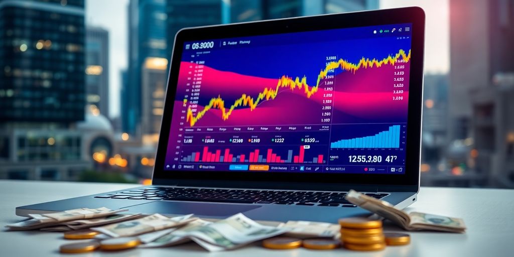 Laptop, financial data, cityscape, money, professional