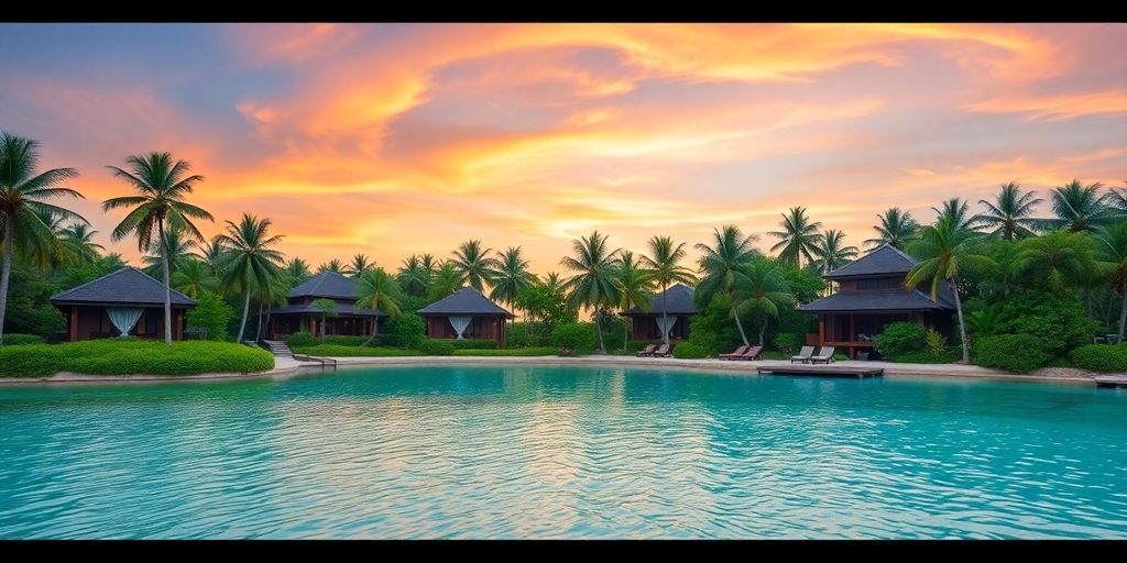 Luxuriöse Villen am Strand von Thailand bei Sonnenuntergang.