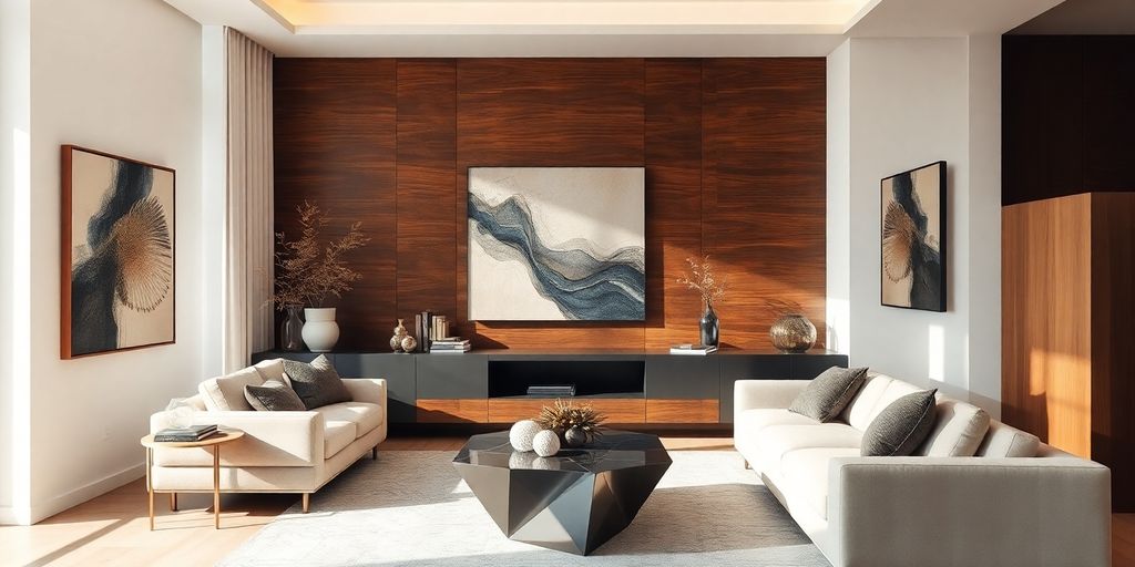 Modern living room with stylish, cohesive wall decor.