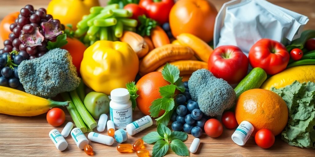 Colorful fruits and supplements on a wooden table.