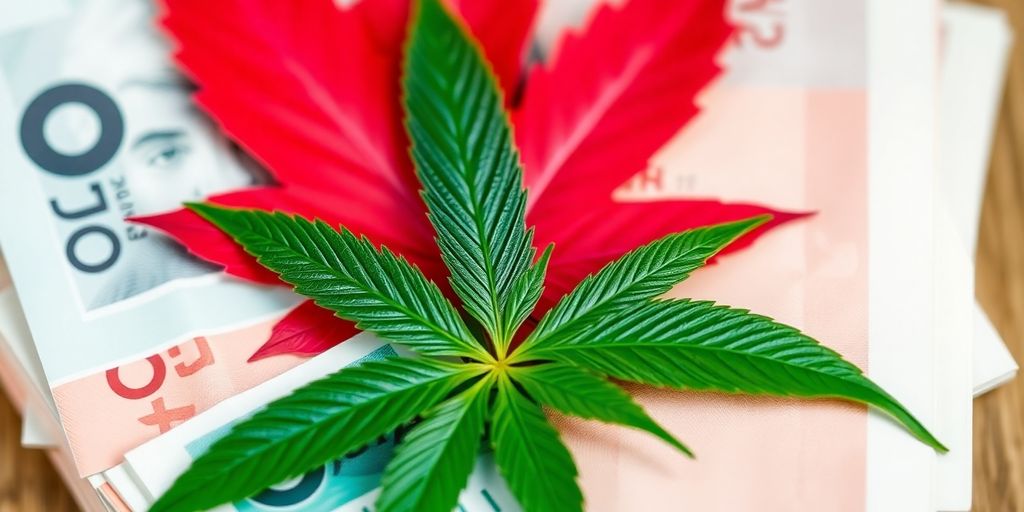 Cash stacks, maple leaf, cannabis leaf.