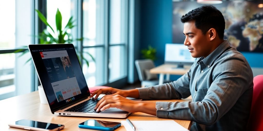 Professional using laptop in a modern office setting.