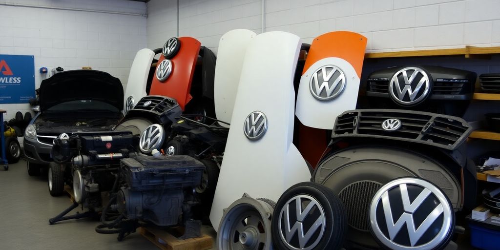 Volkswagen car parts laid out neatly.