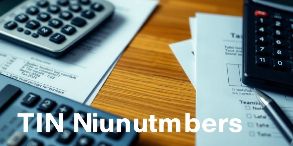 Calculator and tax forms on a desk for TIN verification.