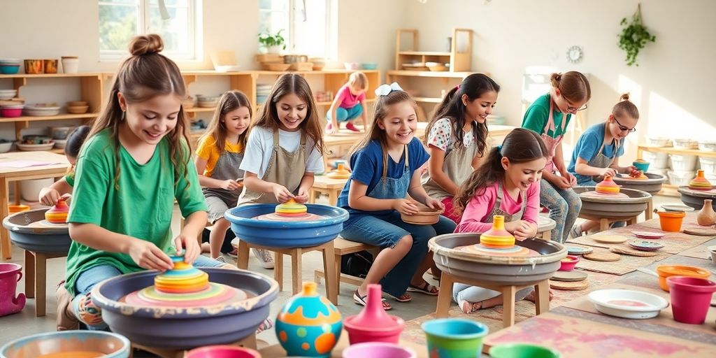 Kids and teens engaged in pottery class, creating clay art.